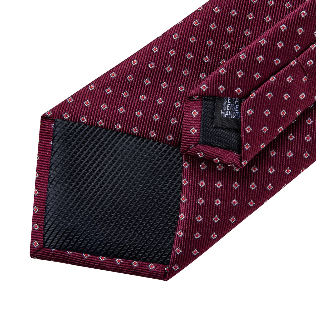 Back detail of burgundy geometric silk tie with patterned fabric