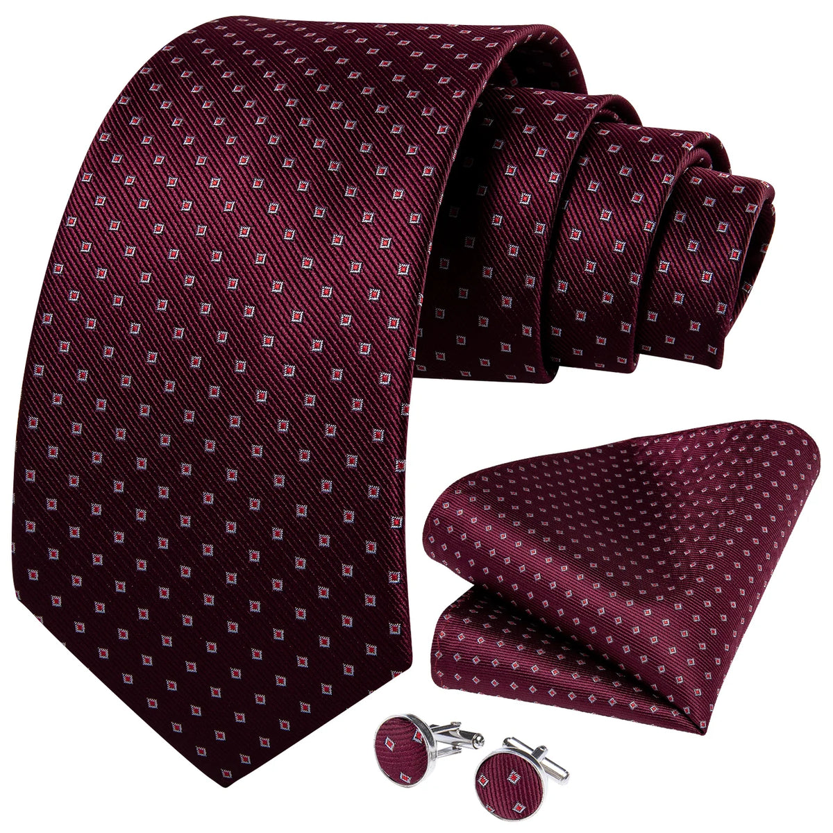 Burgundy geometric silk tie set with pocket square and cufflinks