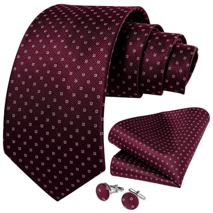 Burgundy geometric silk tie set with pocket square and cufflinks