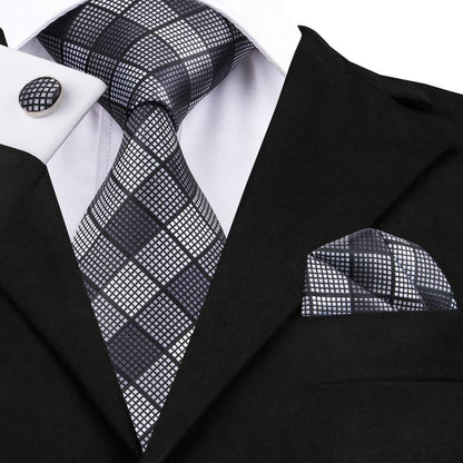 Black White Plaid Tie, Pocket Square and Cufflinks Set tie sets    - Sophisticated Gentlemen