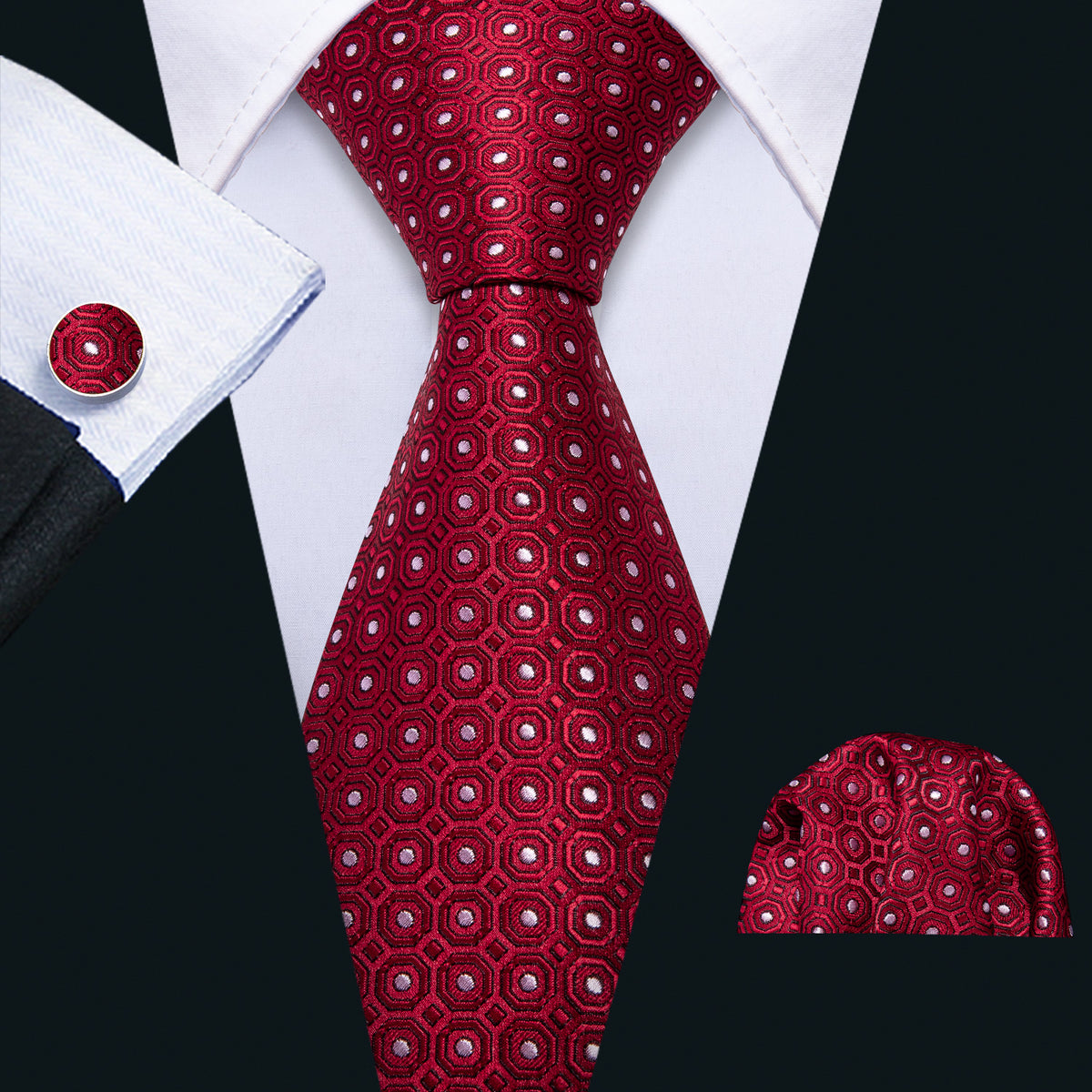 Red & White Polka Dot Silk Tie, Pocket Square & Cufflinks Set tie sets - Sophisticated Gentlemen