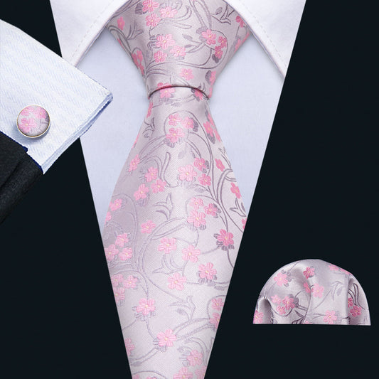 Pink and Silver Floral Tie, Pocket Square and Cufflinks Set tie sets - Sophisticated Gentlemen