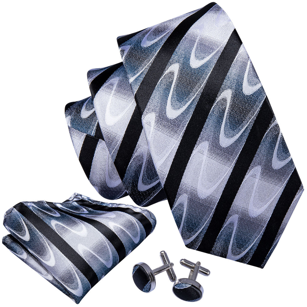 Gray Black White Wave Stripe Tie, Pocket Square and Cufflinks Set tie sets    - Sophisticated Gentlemen