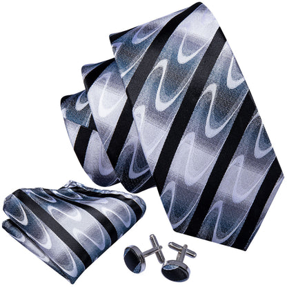 Gray Black White Wave Stripe Tie, Pocket Square and Cufflinks Set tie sets    - Sophisticated Gentlemen