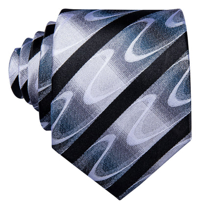 Gray Black White Wave Stripe Tie, Pocket Square and Cufflinks Set tie sets    - Sophisticated Gentlemen