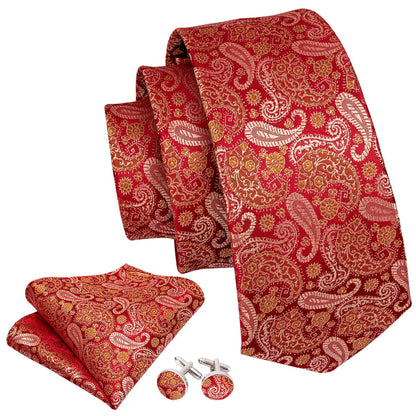Red Paisley Silk Tie, Pocket Square and Cufflinks Set tie sets    - Sophisticated Gentlemen