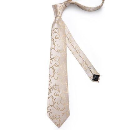 Champagne and Silver Floral XL Tie, Pocket Square and Cufflinks tie sets    - Sophisticated Gentlemen