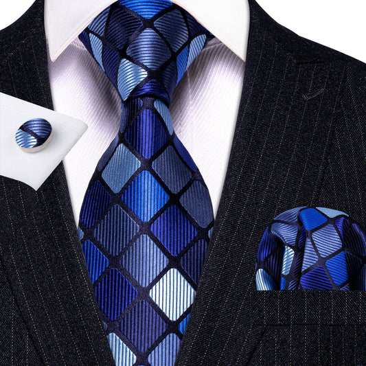 Navy Blue Plaid Silk Tie, Pocket Square and Cufflinks Set tie sets    - Sophisticated Gentlemen