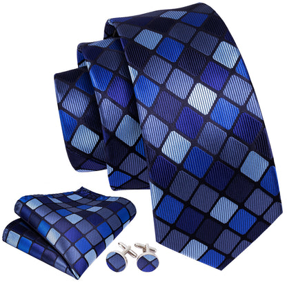 Navy Blue Plaid Silk Tie, Pocket Square and Cufflinks Set tie sets    - Sophisticated Gentlemen