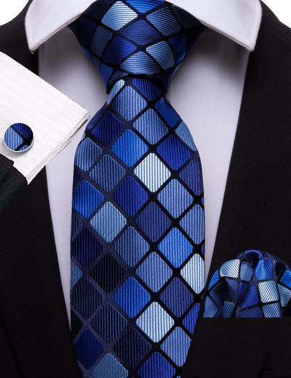 Navy Blue Plaid Silk Tie, Pocket Square and Cufflinks Set tie sets    - Sophisticated Gentlemen