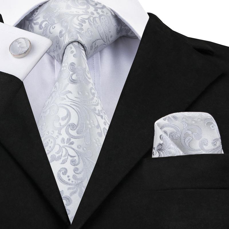 Silver Floral Silk XL Tie, Pocket Square and Cufflinks tie sets    - Sophisticated Gentlemen