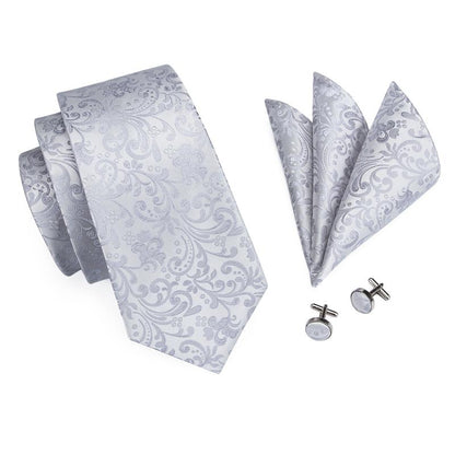 Silver Floral Silk XL Tie, Pocket Square and Cufflinks tie sets    - Sophisticated Gentlemen