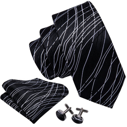 Black White Novelty Silk Tie, Pocket Square and Cufflinks Set tie sets    - Sophisticated Gentlemen