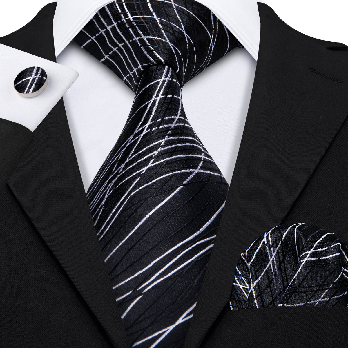 Black White Novelty Silk Tie, Pocket Square and Cufflinks Set tie sets    - Sophisticated Gentlemen