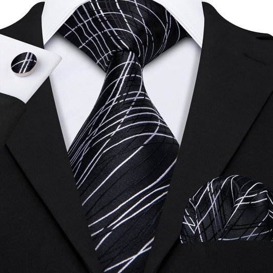 Black White Novelty Silk Tie, Pocket Square and Cufflinks Set tie sets    - Sophisticated Gentlemen
