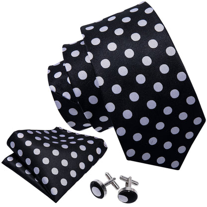 Dashing Black & Silver Polka Dot Tie Set with Pocket Square and Cufflinks tie sets - Sophisticated Gentlemen
