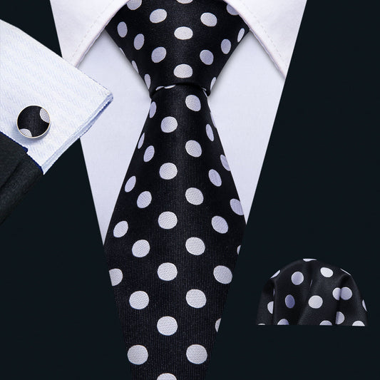 Dashing Black & Silver Polka Dot Tie Set with Pocket Square and Cufflinks tie sets - Sophisticated Gentlemen