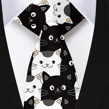 Black & White Cat Pattern Silk Tie – Fun & Stylish Tie for Cat Lovers Tie set - Sophisticated Gentlemen