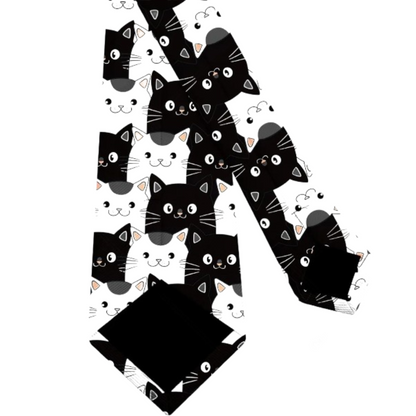 Black & White Cat Pattern Silk Tie – Fun & Stylish Tie for Cat Lovers Tie set - Sophisticated Gentlemen