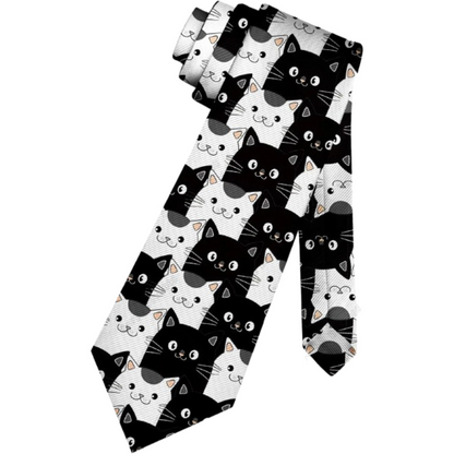Black & White Cat Pattern Silk Tie – Fun & Stylish Tie for Cat Lovers Tie set - Sophisticated Gentlemen