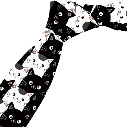 Black & White Cat Pattern Silk Tie – Fun & Stylish Tie for Cat Lovers Tie set - Sophisticated Gentlemen