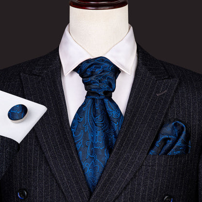 Blue Floral Ascot, Pocket Square and Cufflinks ascot    - Sophisticated Gentlemen