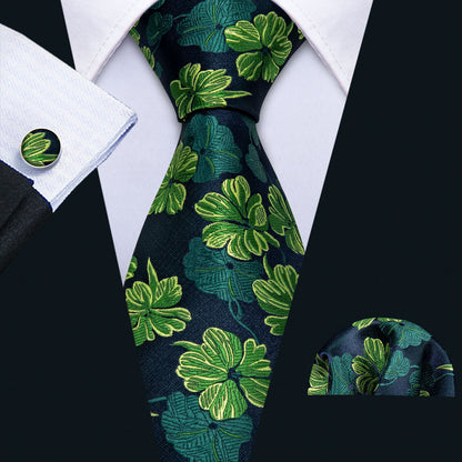 Green Jacquard Floral Silk Tie, Pocket Square and Cufflinks Set tie sets    - Sophisticated Gentlemen