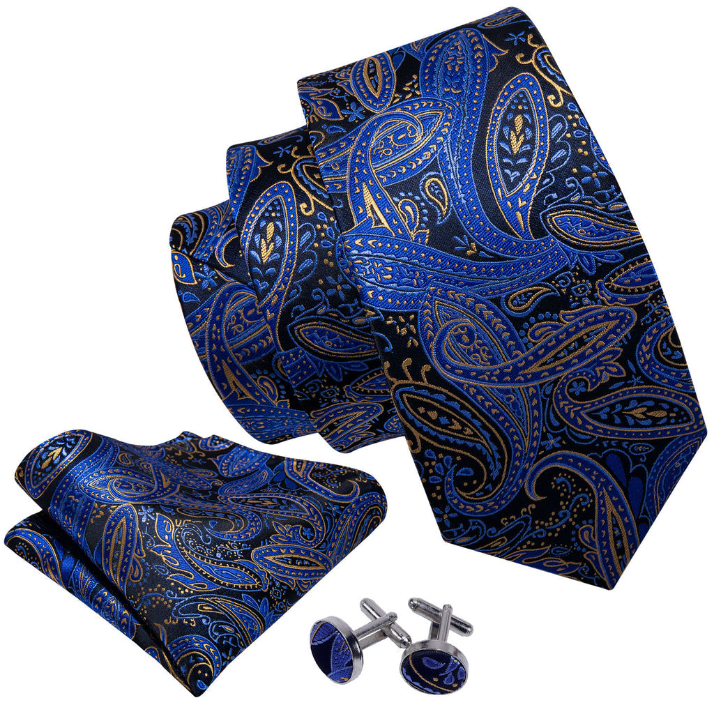 Blue Yellow Paisley Tie, Pocket Square and Cufflinks Set tie sets    - Sophisticated Gentlemen