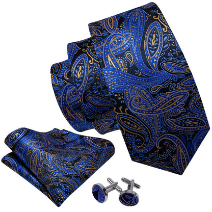 Blue Yellow Paisley Tie, Pocket Square and Cufflinks Set tie sets    - Sophisticated Gentlemen