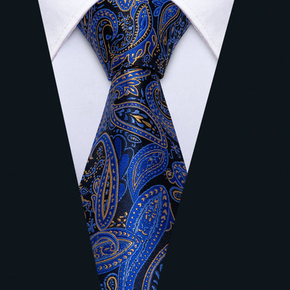 Blue Yellow Paisley Tie, Pocket Square and Cufflinks Set tie sets    - Sophisticated Gentlemen