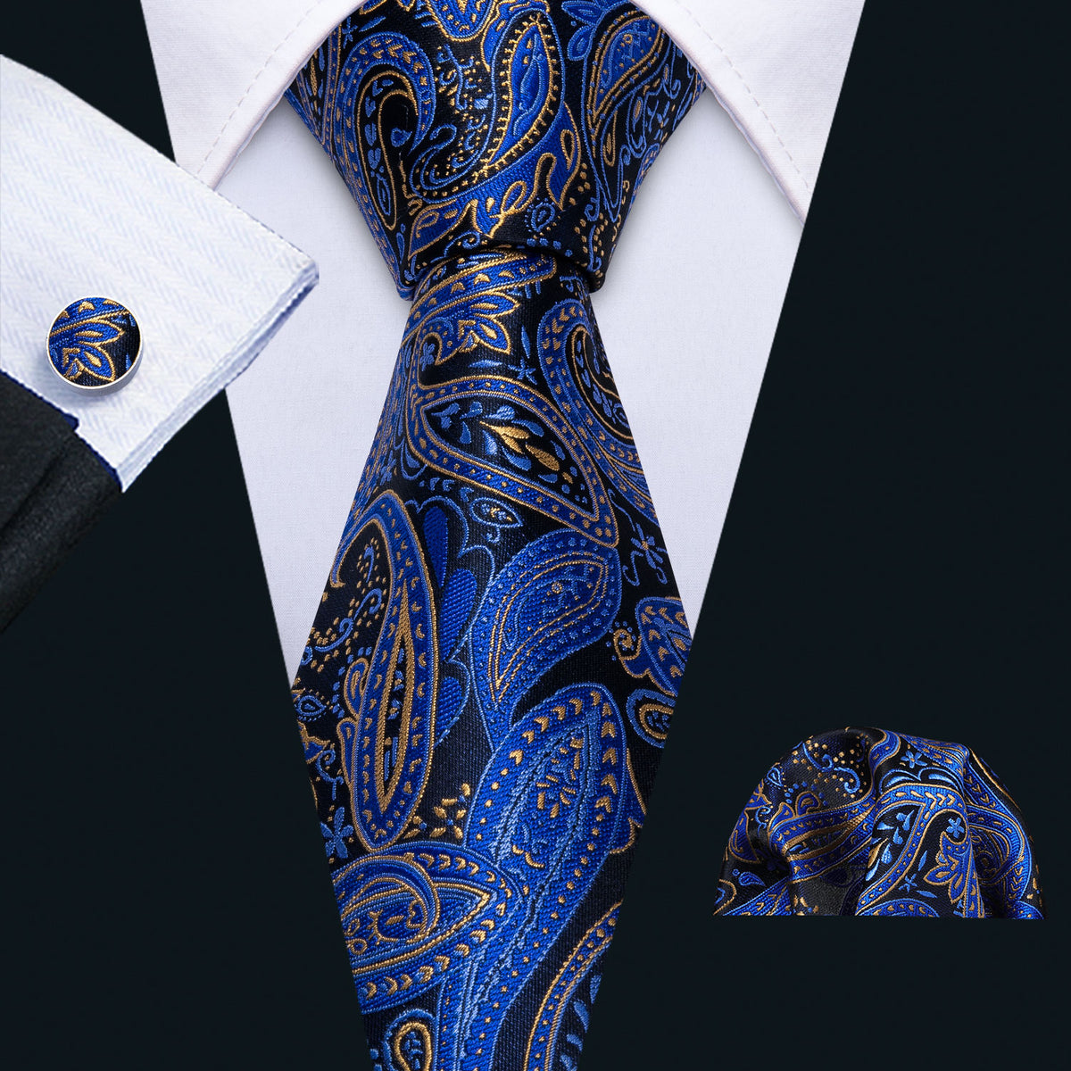 Blue Yellow Paisley Tie, Pocket Square and Cufflinks Set tie sets    - Sophisticated Gentlemen