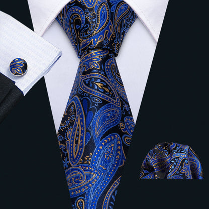 Blue Yellow Paisley Tie, Pocket Square and Cufflinks Set tie sets    - Sophisticated Gentlemen