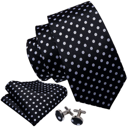 Black & White Polka Dot Silk Tie, Pocket Square & Cufflinks Set tie sets - Sophisticated Gentlemen