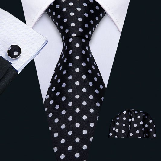 Black & White Polka Dot Silk Tie, Pocket Square & Cufflinks Set tie sets - Sophisticated Gentlemen