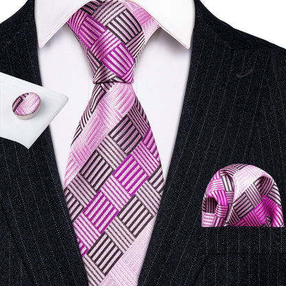 Pink Geometric Plaid Tie, Pocket Square and Cufflinks Set tie sets    - Sophisticated Gentlemen