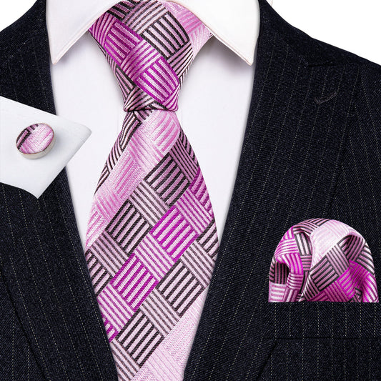 Pink Geometric Plaid Tie, Pocket Square and Cufflinks Set tie sets    - Sophisticated Gentlemen