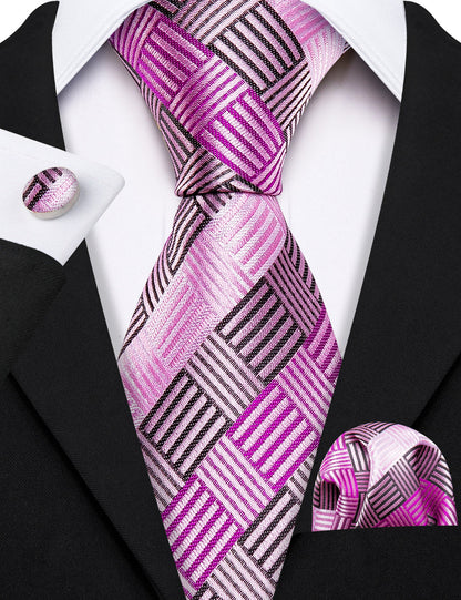 Pink Geometric Plaid Tie, Pocket Square and Cufflinks Set tie sets    - Sophisticated Gentlemen