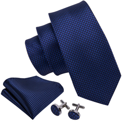 Navy Blue Geometric Tie, Pocket Square and Cufflinks Set tie sets    - Sophisticated Gentlemen