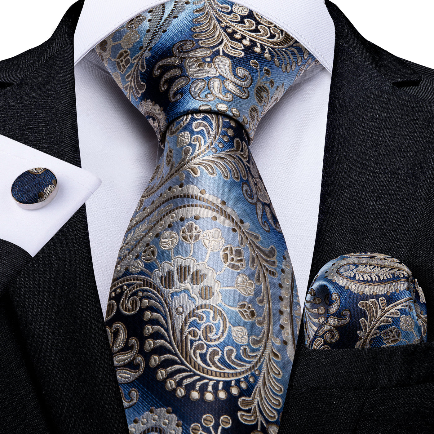 Slate Blue & Silver Paisley Silk Tie, Pocket Square & Cufflinks Set tie set - Sophisticated Gentlemen