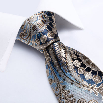 Slate Blue & Silver Paisley Silk Tie, Pocket Square & Cufflinks Set tie set - Sophisticated Gentlemen