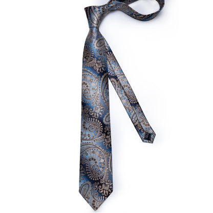 Slate Blue & Silver Paisley Silk Tie, Pocket Square & Cufflinks Set tie set - Sophisticated Gentlemen