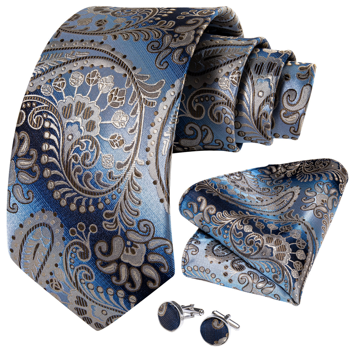 Slate Blue & Silver Paisley Silk Tie, Pocket Square & Cufflinks Set tie set - Sophisticated Gentlemen
