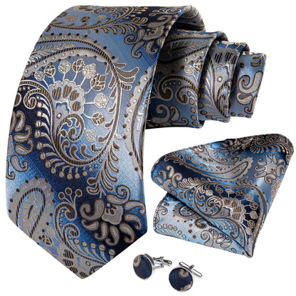 Slate Blue & Silver Paisley Silk Tie, Pocket Square & Cufflinks Set tie set - Sophisticated Gentlemen