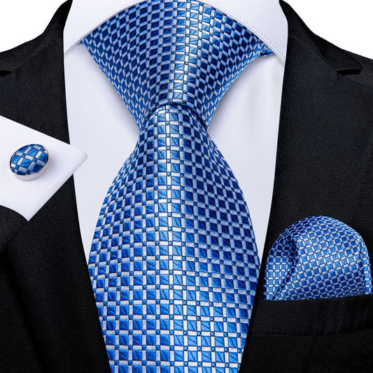 Modern Blue Plaid Silk Tie Set with Pocket Square and Cufflinks tie sets - Sophisticated Gentlemen
