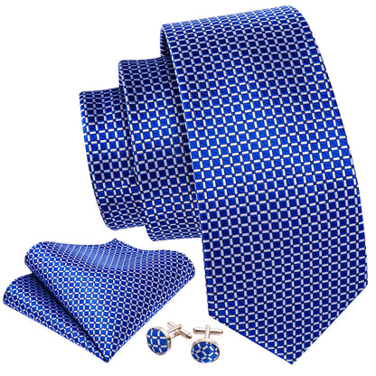 Modern Blue Plaid Silk Tie Set with Pocket Square and Cufflinks tie sets - Sophisticated Gentlemen