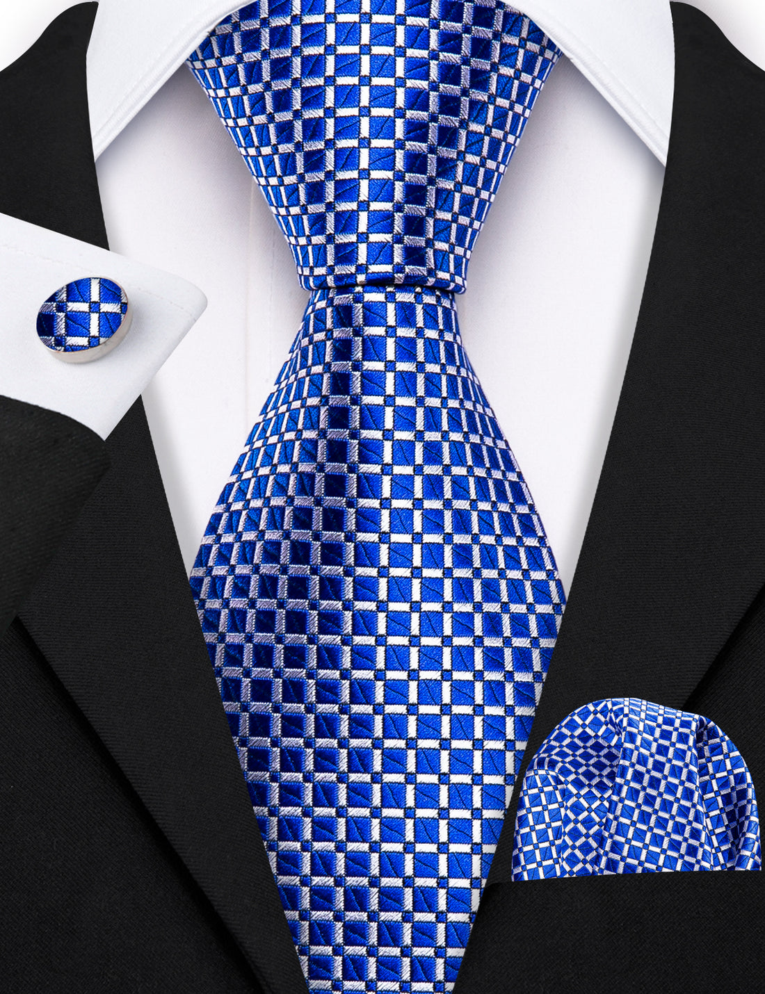 Modern Blue Plaid Silk Tie Set with Pocket Square and Cufflinks tie sets - Sophisticated Gentlemen