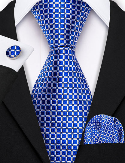 Modern Blue Plaid Silk Tie Set with Pocket Square and Cufflinks tie sets - Sophisticated Gentlemen