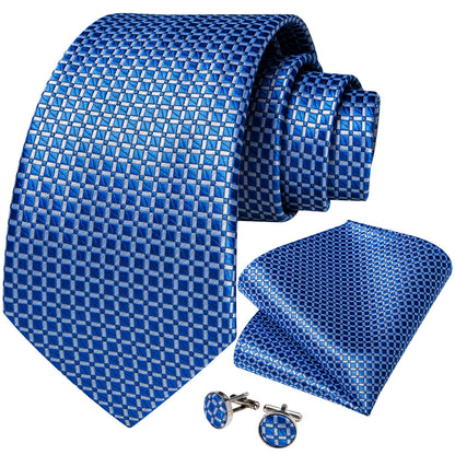 Modern Blue Plaid Silk Tie Set with Pocket Square and Cufflinks tie sets - Sophisticated Gentlemen