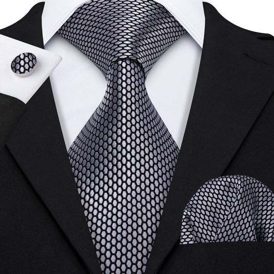 Sophisticated Gray Geometric Plaid Tie Set with Pocket Square and Cufflinks tie sets - Sophisticated Gentlemen