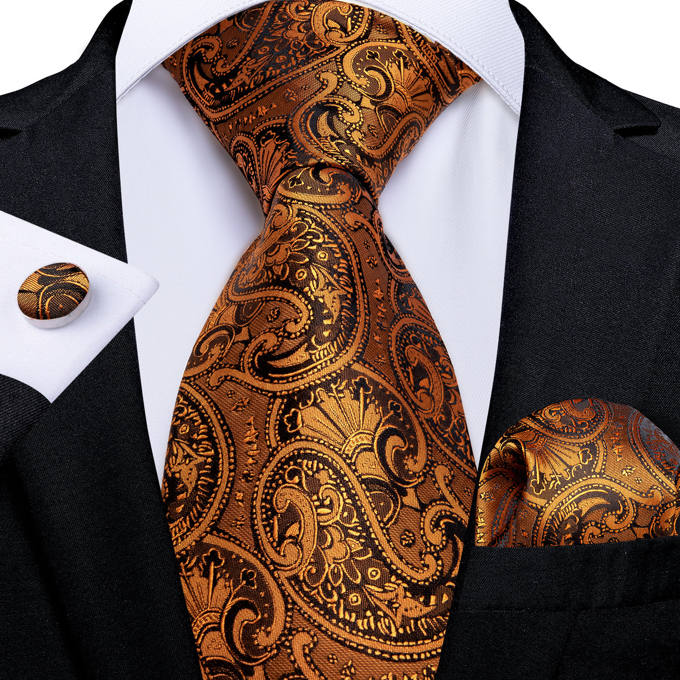 Copper Paisley Tie, Pocket Square and Cufflinks tie sets    - Sophisticated Gentlemen